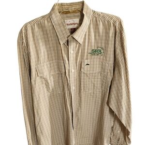 Simms Tan and Blue Checked Button-Down Shirt With Snake River Angler Logo